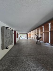 a hallway with a sculpture in the middle of a building at Studio Cosy à Crans-Montana in Crans-Montana