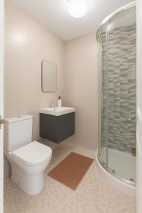 un bagno con wc, lavandino e doccia di Temple Bar 3BR Prime Location a Dublino