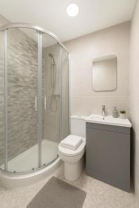 un bagno con doccia, WC e lavandino di Temple Bar 3BR Prime Location a Dublino