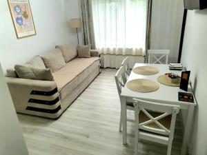 a living room with a couch and a table at Relax Apartament Bicaz in Bicaz