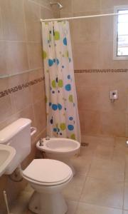 ネコチェアにあるAzul y Verdeのトイレとシャワーカーテン付きのバスルーム