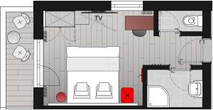 a floor plan of a room with furniture at MyGoodLife Hotel & Bar in Gerlos +22 photos