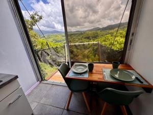 a table and chairs in a room with a large window at le refuge in La Dessaint