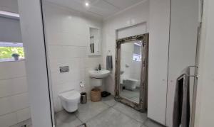 a bathroom with a mirror and a sink and a toilet at La Santos Beach view Villa with 3 Bed , 3 Bath, Jacuzzi, Sea view in Mossel Bay +31 photos