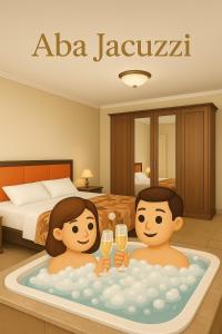 Un hombre y una mujer en una bañera con copas de vino. en Aba Jacuzzi, en Tirana