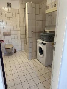 a bathroom with a washing machine and a toilet at Apartment Lyvia - Platz und Ruhe für 5 in Karsau