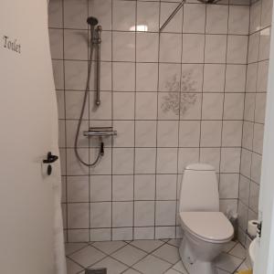 a bathroom with a toilet and a shower at Bøelgaarden in Gørding