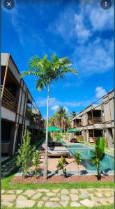eine Palme vor einem Gebäude mit Swimmingpool in der Unterkunft KAMBY MILAGRES l Natureza e Conforto in São Miguel dos Milagres