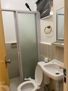 a small bathroom with a toilet and a sink at Olango Island - S&E-1 Tiny Guest House Fully Furnished with Hot Shower, Washer, Wi-Fi, Netflix & King-size Bed in Lapu Lapu City
