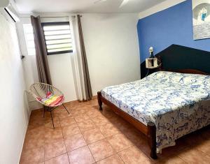 a bedroom with a bed and a chair in it at Charmant T3 en RDJ chez Ketty à Ducos in Ducos