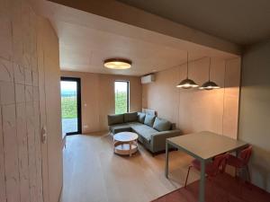 a living room with a couch and a table at Brzozowy Rożnów in Rożnów +2 photos