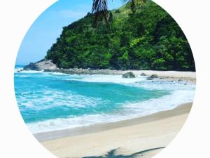 a picture of a beach with a mountain in the background at Apartamento Vista ao Mar Maresias in Maresias