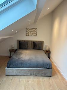 a bedroom with a large bed in a attic at Aix-les-Bains T3 haut standing écrin de calme avec jacuzzi en supplément in Saint-Simon