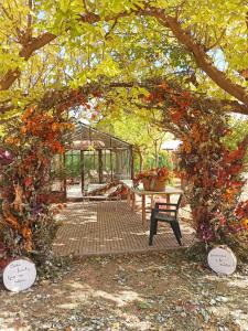 a garden with a table and a bench under a tree at Villa Castellanos in Tomelloso