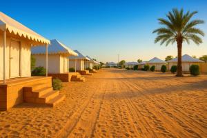 ジャイサルメールにあるDesert hostel Camp Sam Sand Dunes Jaisalmerの未舗装道路沿いの家々とヤシの木の列