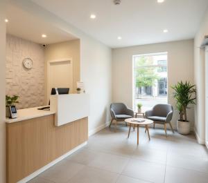 un vestíbulo de oficina con 2 sillas y una mesa en Redone House, en Alejandreta