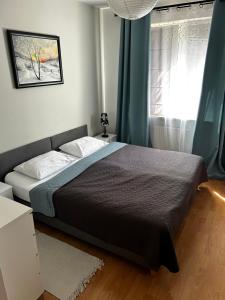 a bedroom with a bed and a window with blue curtains at Kasztanowa Apartament in Warsaw