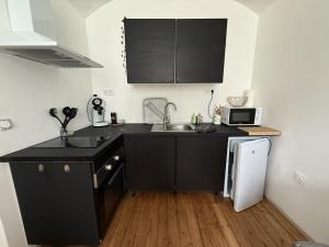a kitchen with black counters and a sink and a microwave at The Central - 5p - Rêve au Mans in Écommoy +14 photos