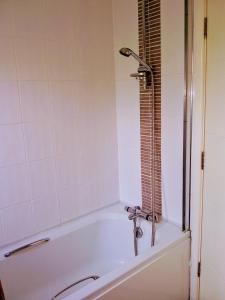 a bath tub with a shower in a bathroom at Bungalow in Cambridge- 3 bedrooms in CBG