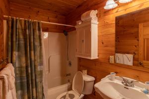 a bathroom with a toilet and a sink in a log cabin at Baird's Creek Cabin in Vilas +23 photos