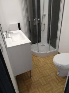 Un baño con lavabo y ducha con inodoro. en appartement grand T2, en Mussidan
