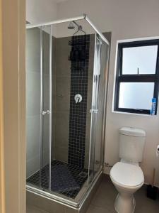 a bathroom with a shower with a toilet and a window at Kastina Suites at The Fig in Gaborone