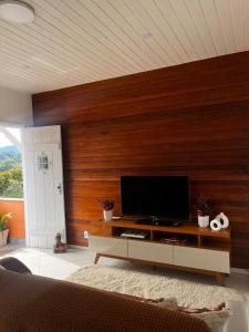 a living room with a television on a wooden wall at Casa em Petrópolis in Petrópolis