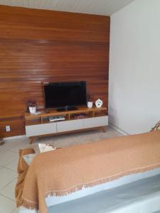 a bedroom with a tv on a wooden wall at Casa em Petrópolis in Petrópolis