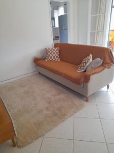 a couch in a living room with pillows on it at Casa em Petrópolis in Petrópolis