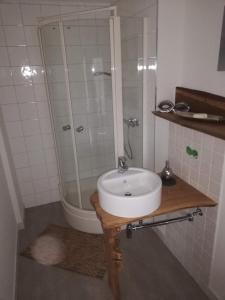 a bathroom with a sink and a shower at Ferienwohnung am Thingplatz in Rinteln