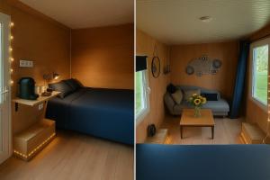 two pictures of a room with a bed and a couch at La Tiny Roulotte, hébergement insolite climatisé in Pontchâteau