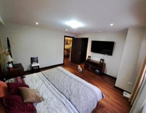 a bedroom with a bed and a flat screen tv at Mannantial in Pichilemu