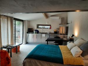 a bedroom with a large bed and a kitchen at B&B Contemporain Le Jardin in Vaison-la-Romaine