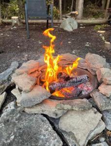 un foyer avec des pierres et des flammes dedans dans l'établissement Boardwalk Pines at Tobermory, à Tobermory