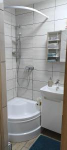 a bathroom with a shower and a toilet and a sink at Jaukūs, erdvūs, šilti apartamentai in Klaipėda +13 photos