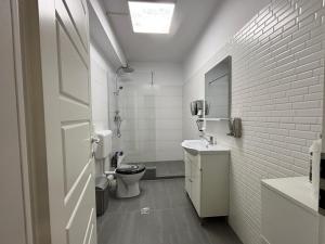 a white bathroom with a toilet and a sink at Bob Residence- Chic Penthouse in Cluj-Napoca