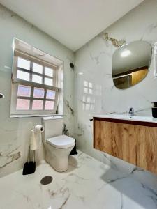 a bathroom with a toilet and a sink and a mirror at Aquae Flaviae Urban Stay - Charm in Chaves +15 photos