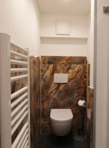a bathroom with a toilet and a stone wall at Haus am Rain in Partenen +81 photos