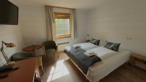 a bedroom with a bed and a desk and a television at Hotel Framtid in Djúpivogur