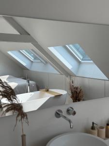 a bathroom with a sink and a skylight at Dakappartement V, 2de verdiep TML in Willebroek +48 photos