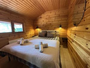 a bed in a wooden cabin with two pillows on it at Chalet du Grand Arbre in Le Ménil