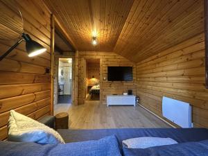 a bedroom with wooden walls and a tv in a room at Chalet du Grand Arbre in Le Ménil