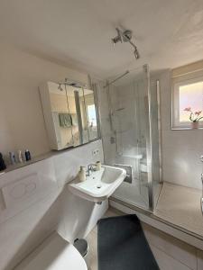 a white bathroom with a sink and a shower at Casa Hortensia in Ettenheim