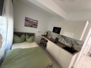 a bedroom with a bed and a sink and a counter at Downtown Apartment in Bonn