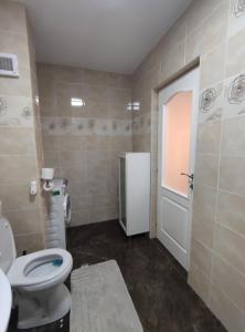 a bathroom with a toilet and a sink and a door at Lumar Residence Sibiu in Şelimbăr