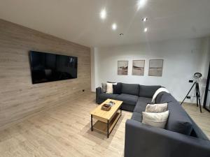 a living room with a blue couch and a tv at Urban Loft Rosal - parking privado in Oviedo