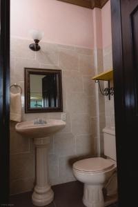 a bathroom with a toilet and a sink and a mirror at Hostal Casa de Grethel in Flores