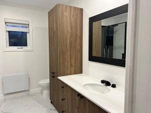 a bathroom with a sink and a mirror and a toilet at Rives de Ste-Anne in Sainte-Anne-de-Beaupré +42 photos