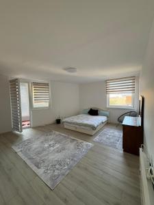 a bedroom with a bed and two windows at Apartment Lamele Bugojno in Bugojno