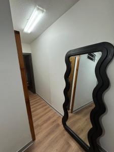 un miroir penché contre un mur dans une pièce dans l'établissement Modern duplex 5 minutes from downtown, à Fort-de-France